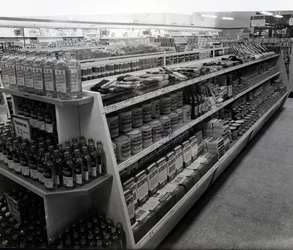 Paint and brushes aisle, Woolworths store, 1956
